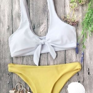 White & Yellow Padded Knotted Bralette Bikini Set